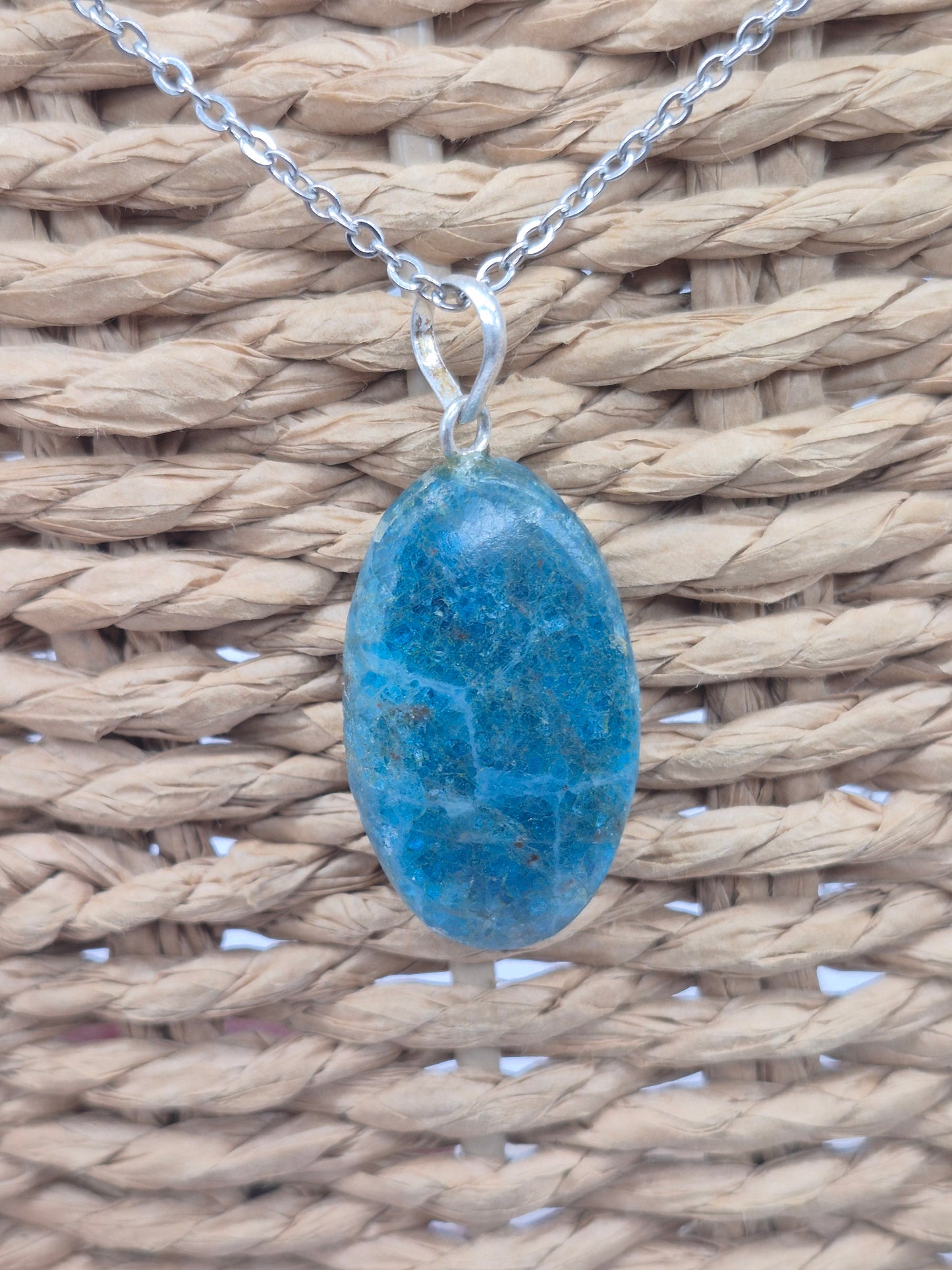 Blue Apatite Crystal Necklace Oval Shaped Silver Hoop, Stailnless steel Chain, Healing Crystal
