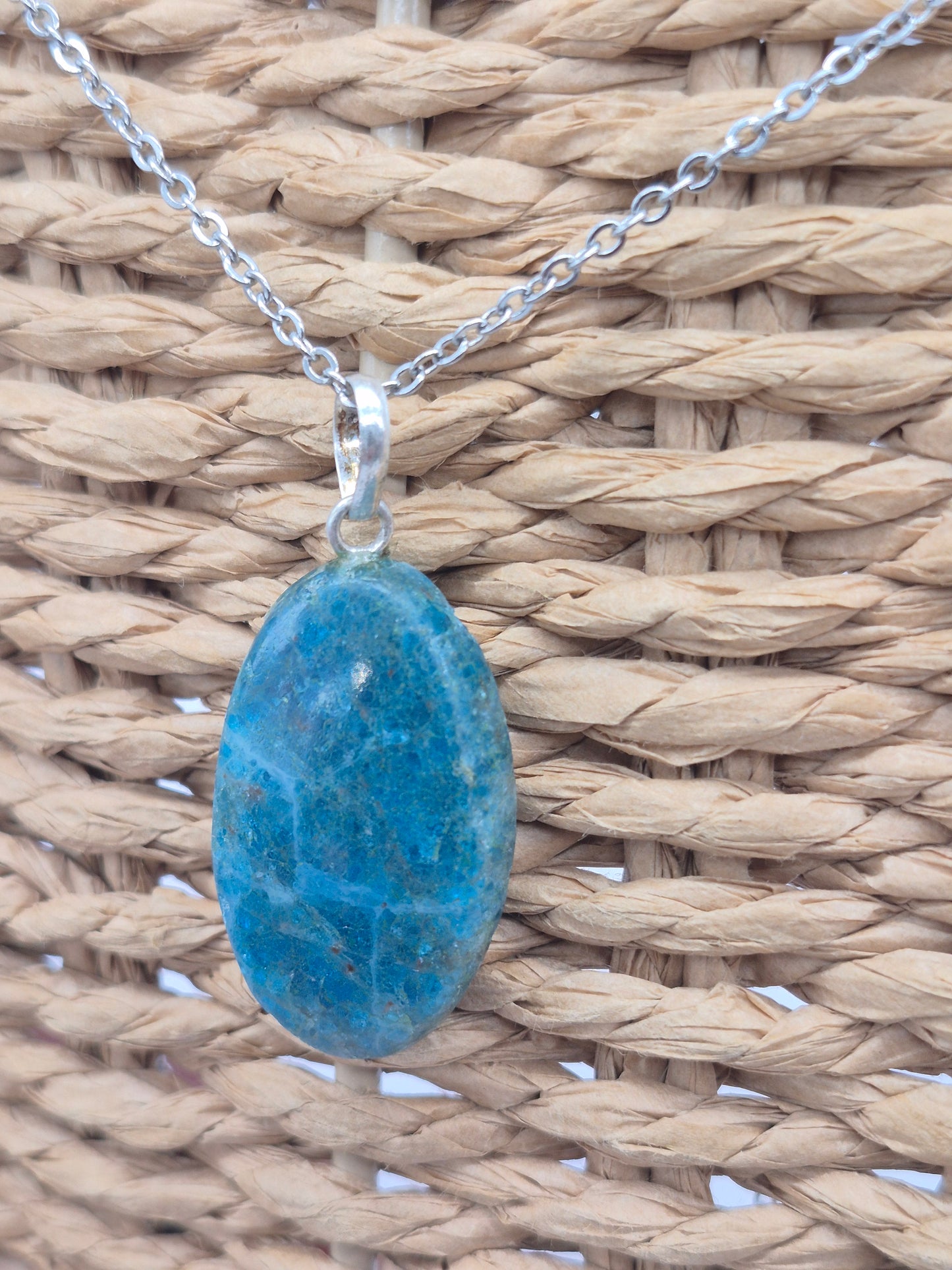 Blue Apatite Crystal Necklace Oval Shaped Silver Hoop, Stailnless steel Chain, Healing Crystal