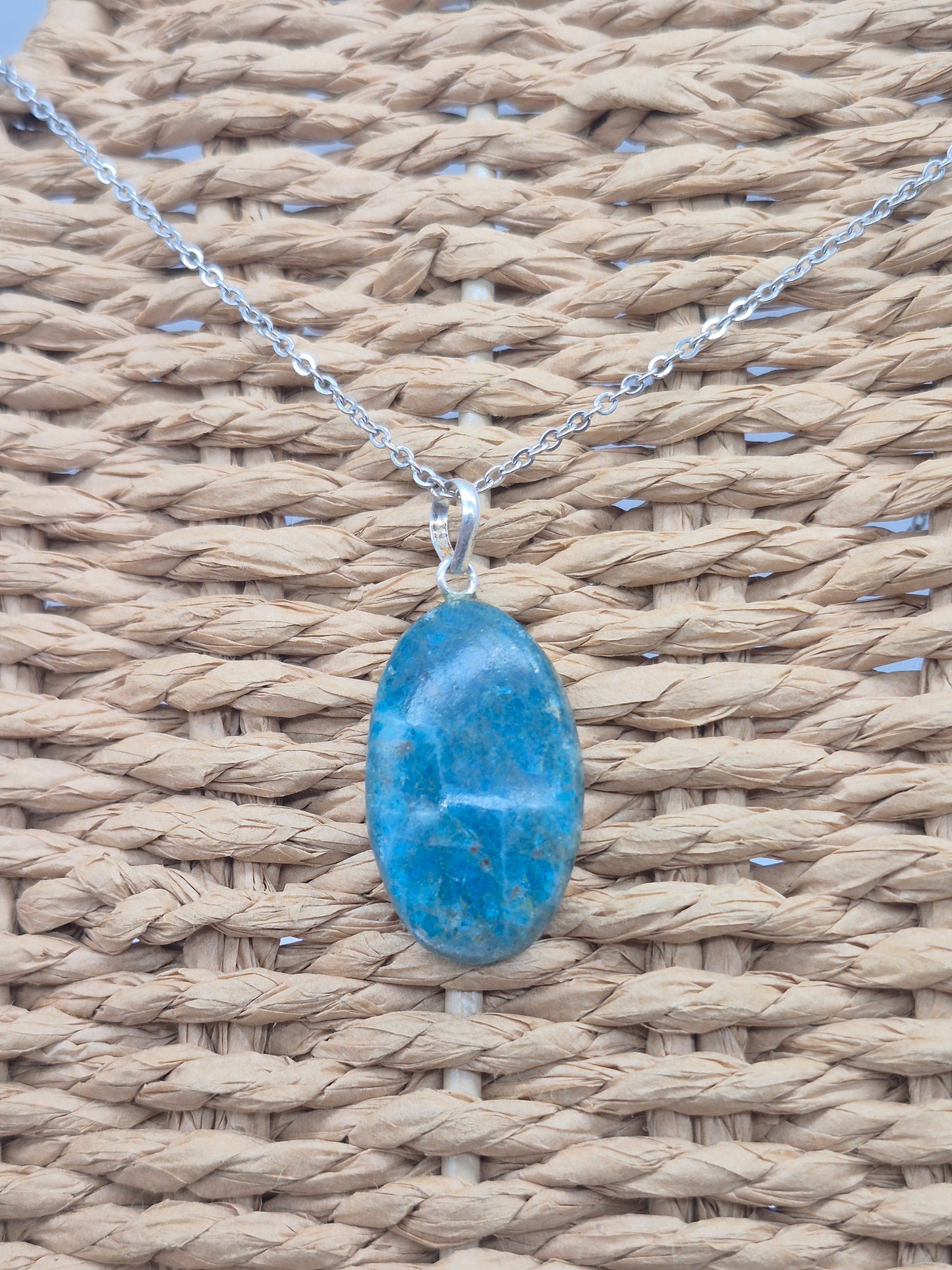 Blue Apatite Crystal Necklace Oval Shaped Silver Hoop, Stailnless steel Chain, Healing Crystal