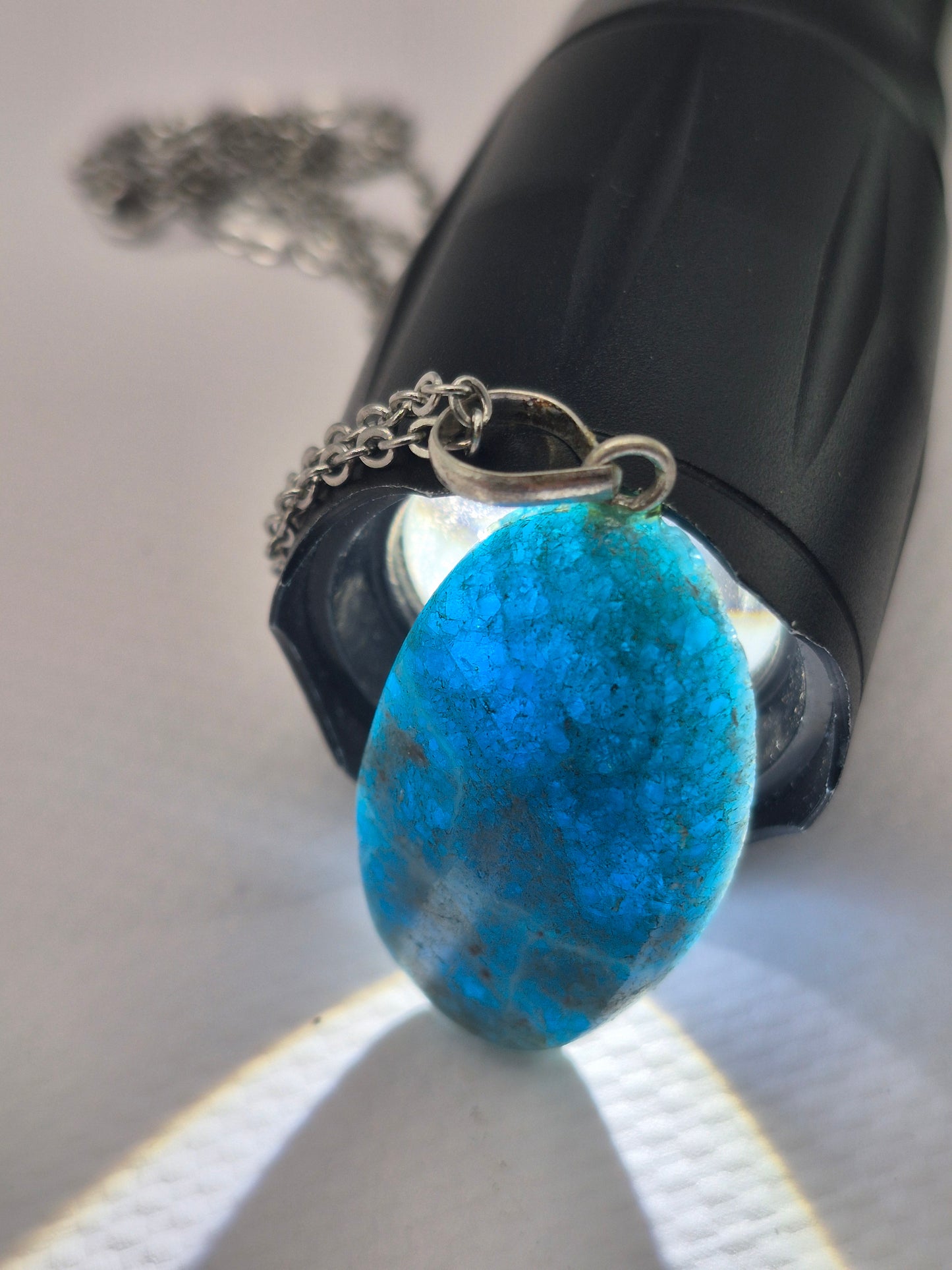 Blue Apatite Crystal Necklace Oval Shaped Silver Hoop, Stailnless steel Chain, Healing Crystal