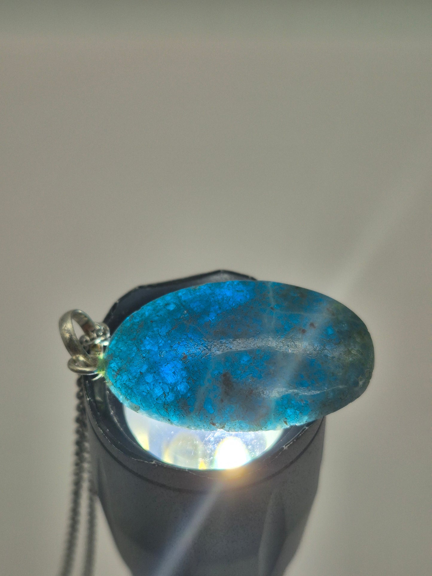 Blue Apatite Crystal Necklace Oval Shaped Silver Hoop, Stailnless steel Chain, Healing Crystal