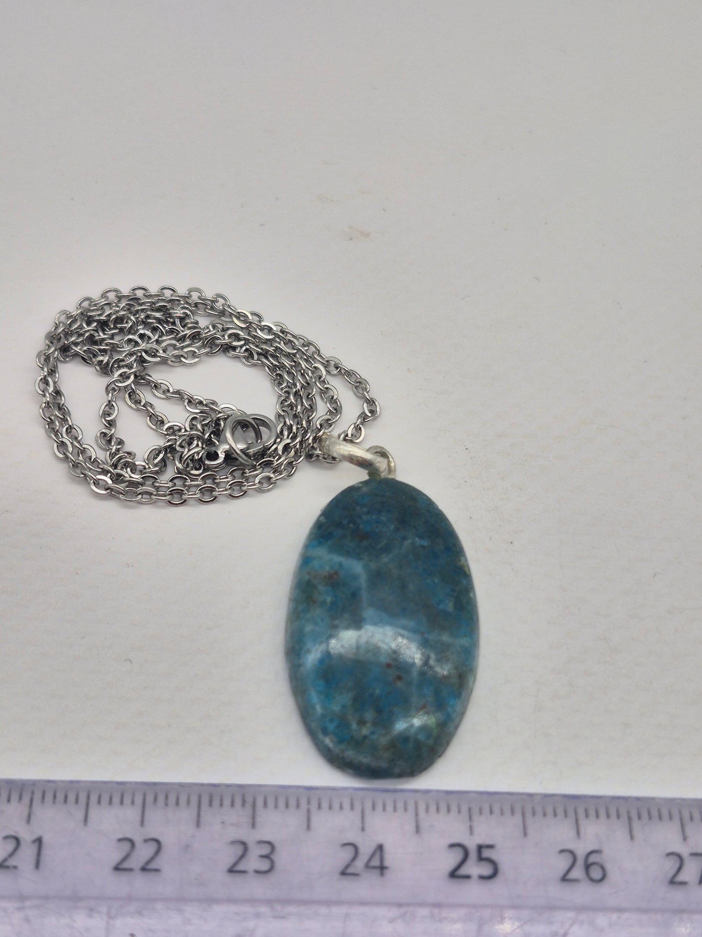 Blue Apatite Crystal Necklace Oval Shaped Silver Hoop, Stailnless steel Chain, Healing Crystal