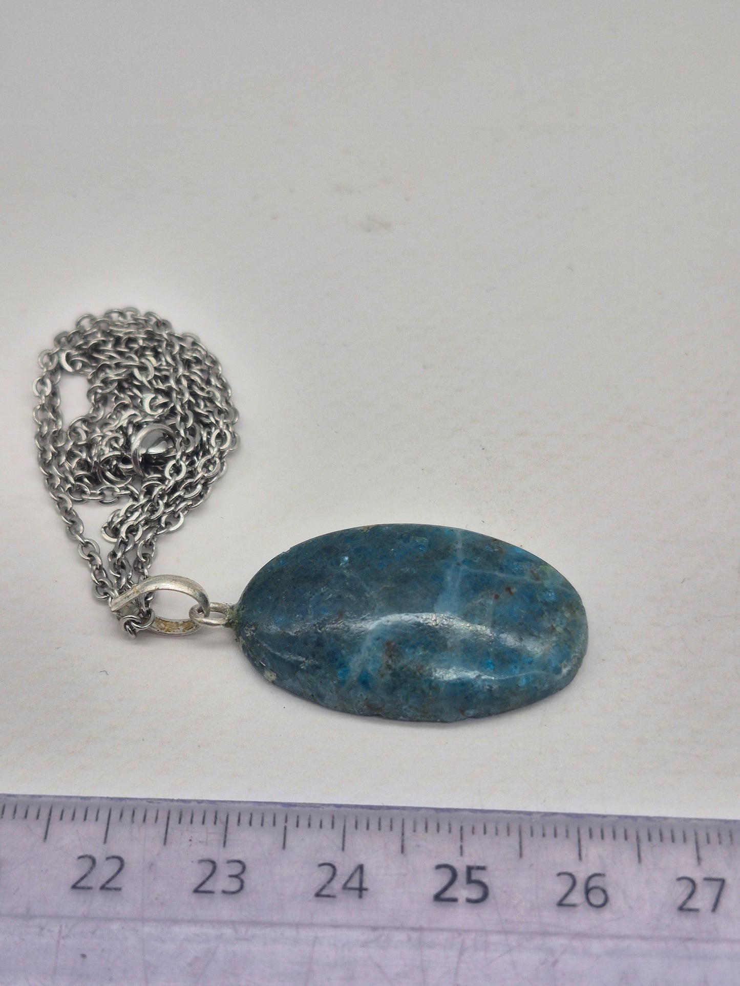 Blue Apatite Crystal Necklace Oval Shaped Silver Hoop, Stailnless steel Chain, Healing Crystal