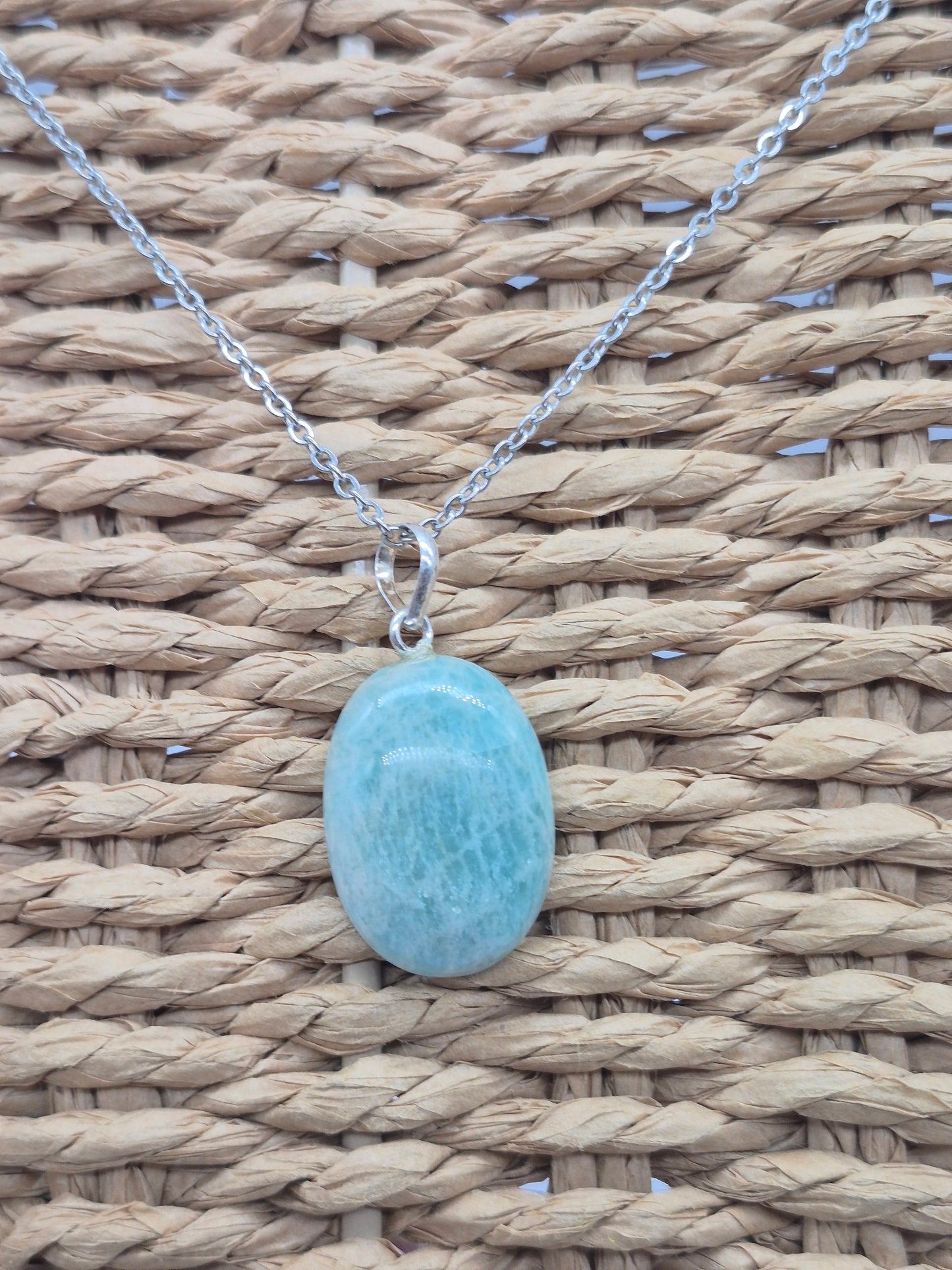 Amazonite Crystal Necklace: Minimalist Gemstone Chain pendant with Silver Hoop and Steel Chain