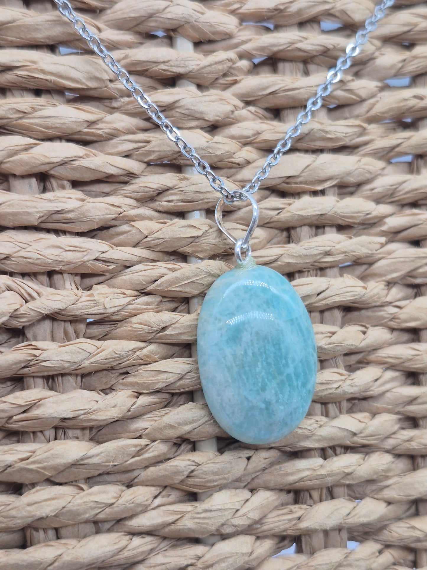 Amazonite Crystal Necklace: Minimalist Gemstone Chain pendant with Silver Hoop and Steel Chain