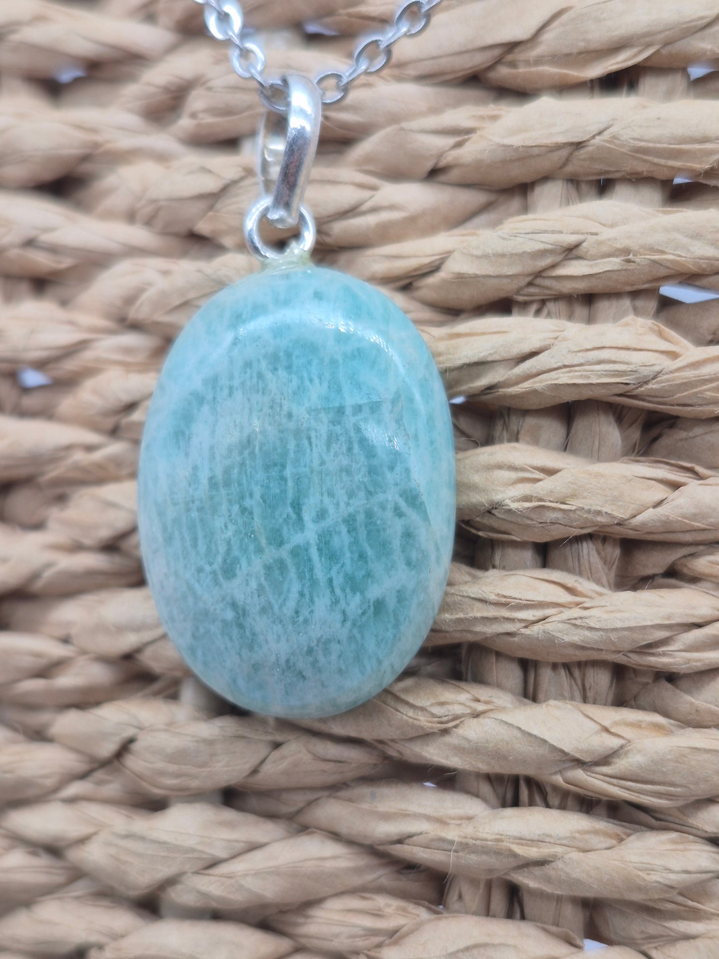 Amazonite Crystal Necklace: Minimalist Gemstone Chain pendant with Silver Hoop and Steel Chain