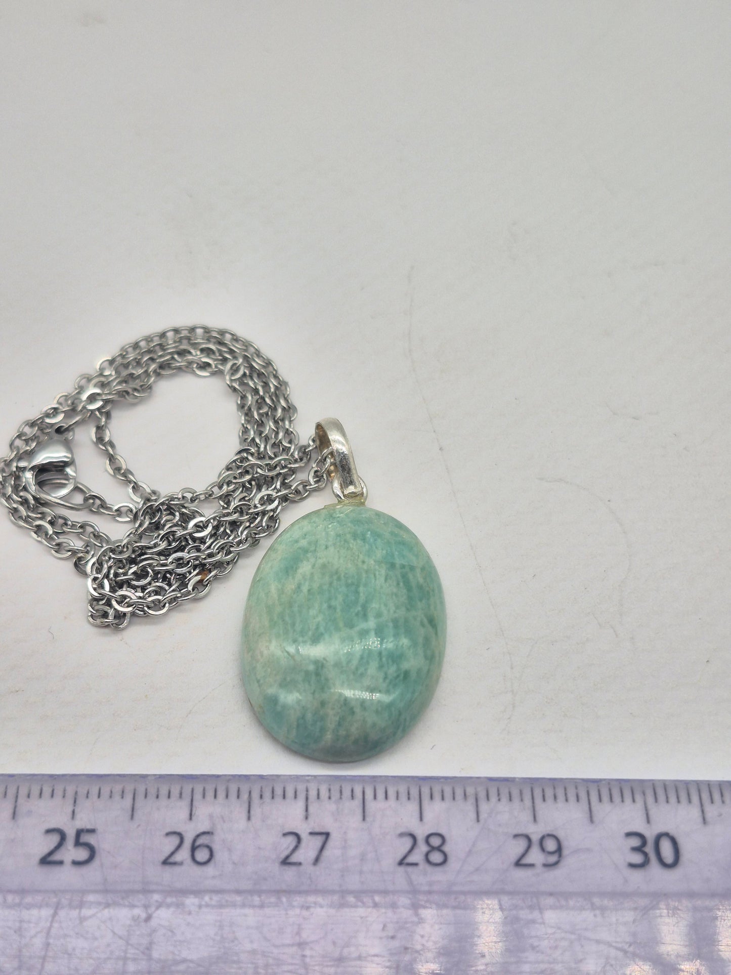 Amazonite Crystal Necklace: Minimalist Gemstone Chain pendant with Silver Hoop and Steel Chain