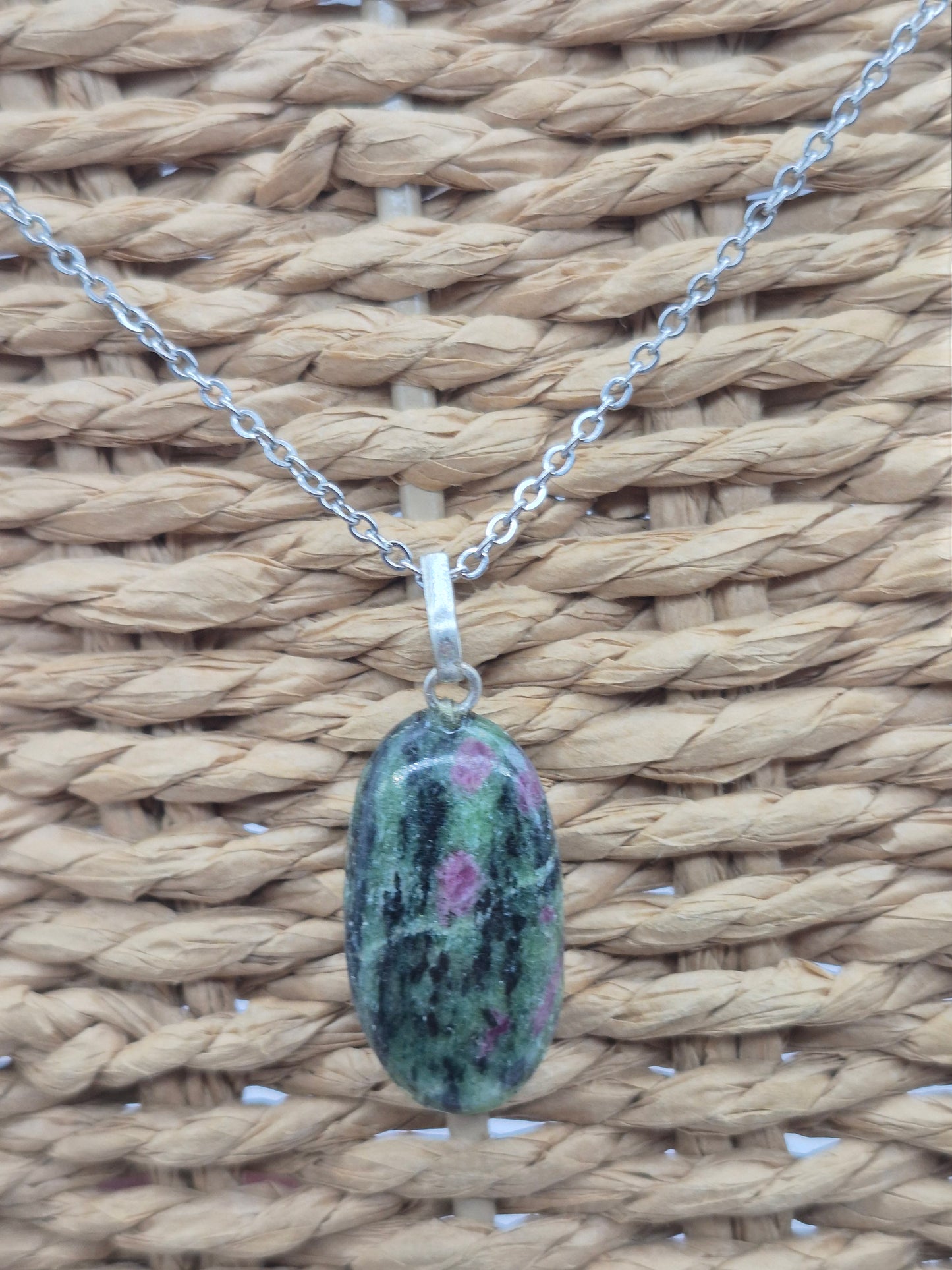 Ruby Zoisite Pendant Oval Shaped Silver Hoop, Stailnless steel Chain, Healing Crystal