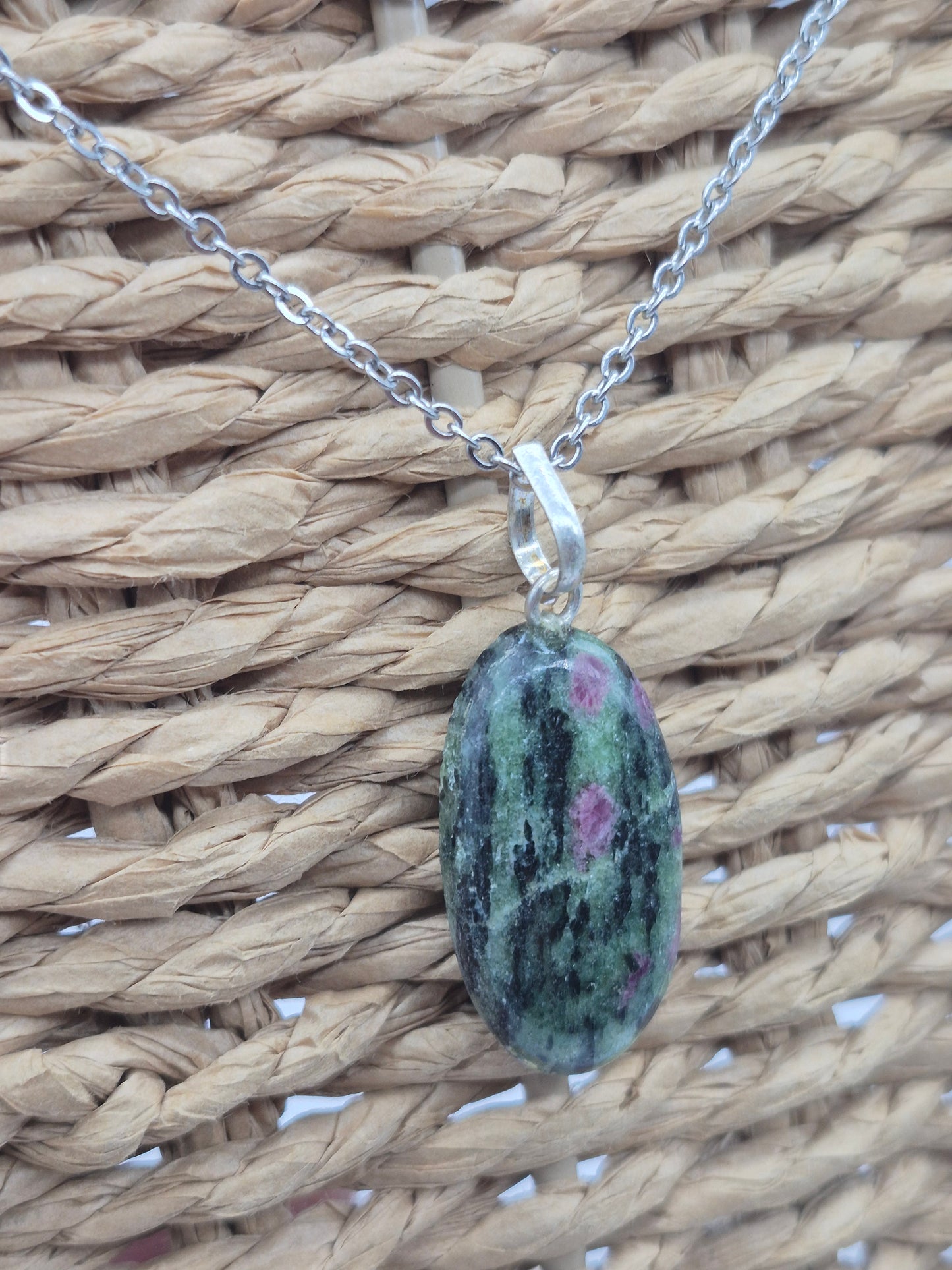 Ruby Zoisite Pendant Oval Shaped Silver Hoop, Stailnless steel Chain, Healing Crystal