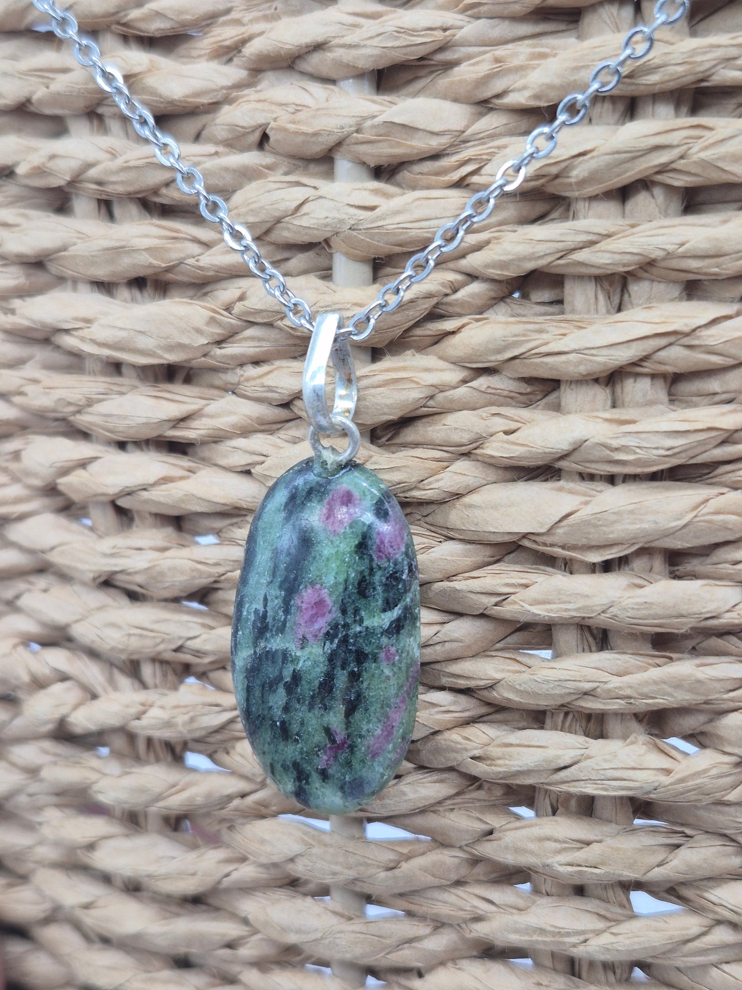 Ruby Zoisite Pendant Oval Shaped Silver Hoop, Stailnless steel Chain, Healing Crystal
