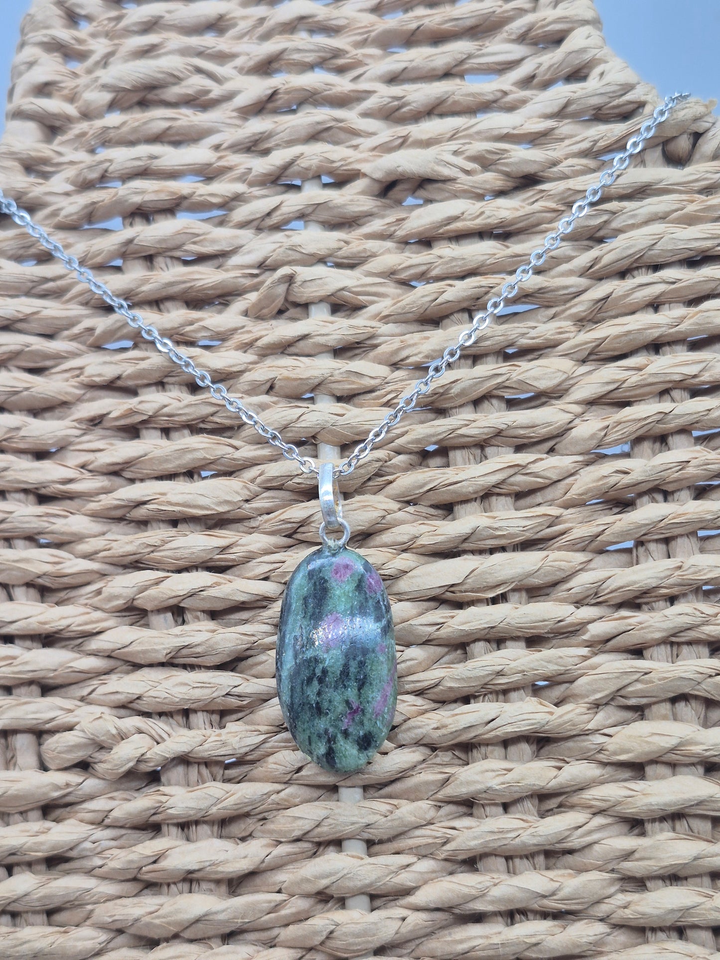Ruby Zoisite Pendant Oval Shaped Silver Hoop, Stailnless steel Chain, Healing Crystal