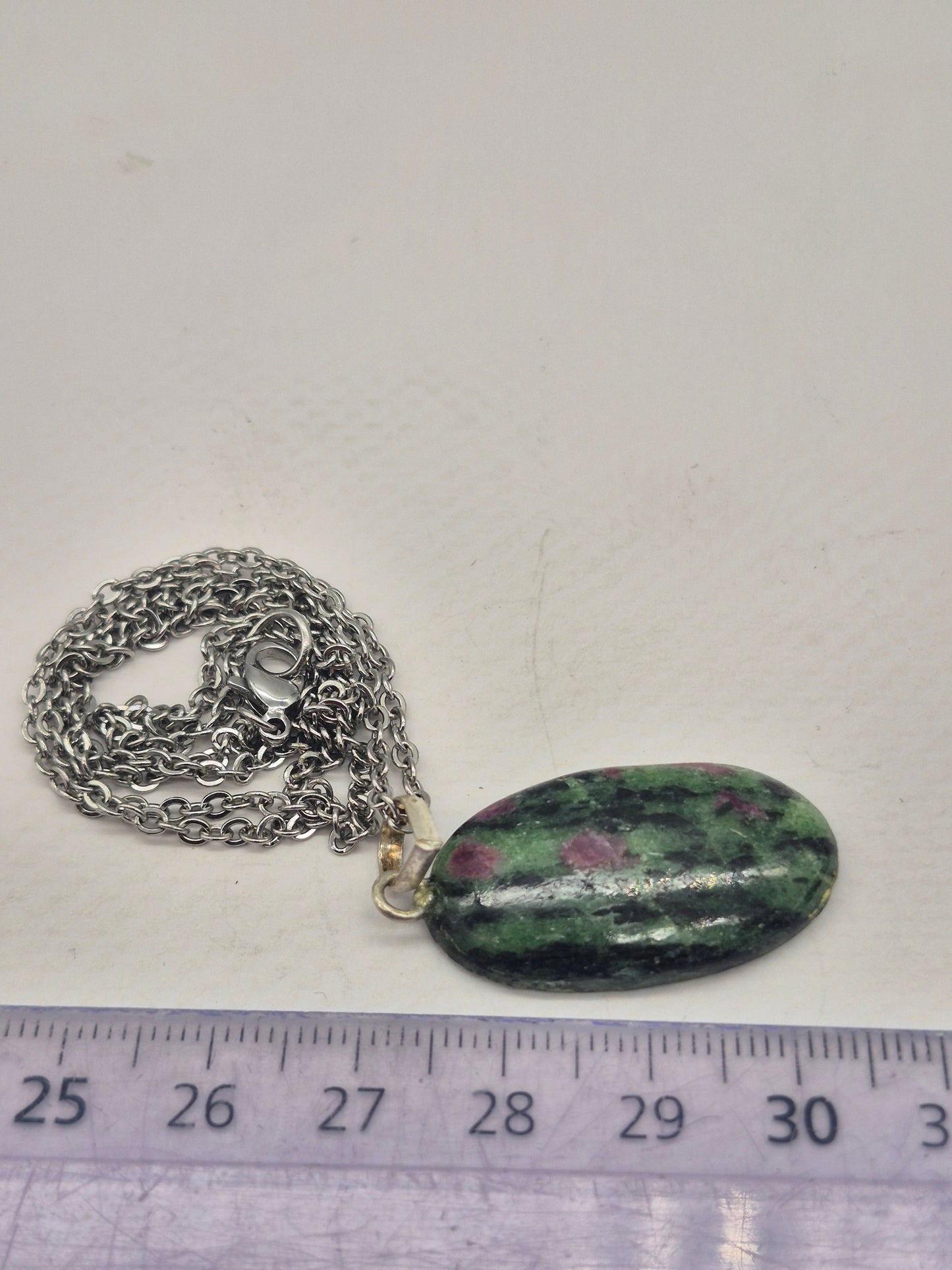 Ruby Zoisite Pendant Oval Shaped Silver Hoop, Stailnless steel Chain, Healing Crystal