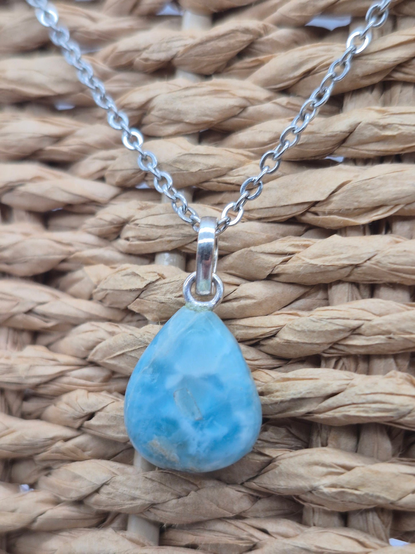 Larimar Necklace Gemstone Pendant Silver Hookand Stainless Steel Chain