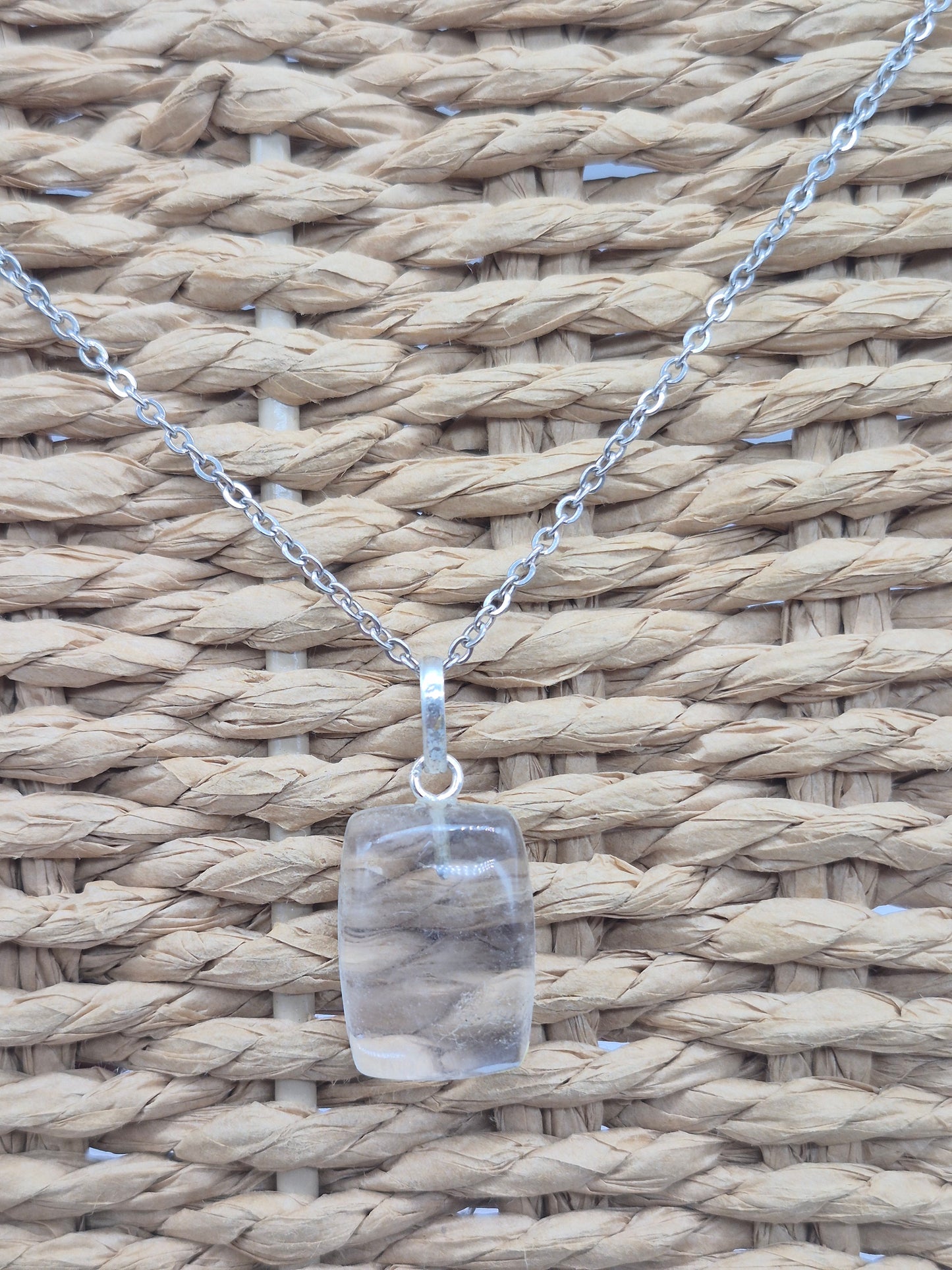 Clear Quartz Necklace Square Shaped Silver Hoop, Stailnless steel Chain, Healing Crystal