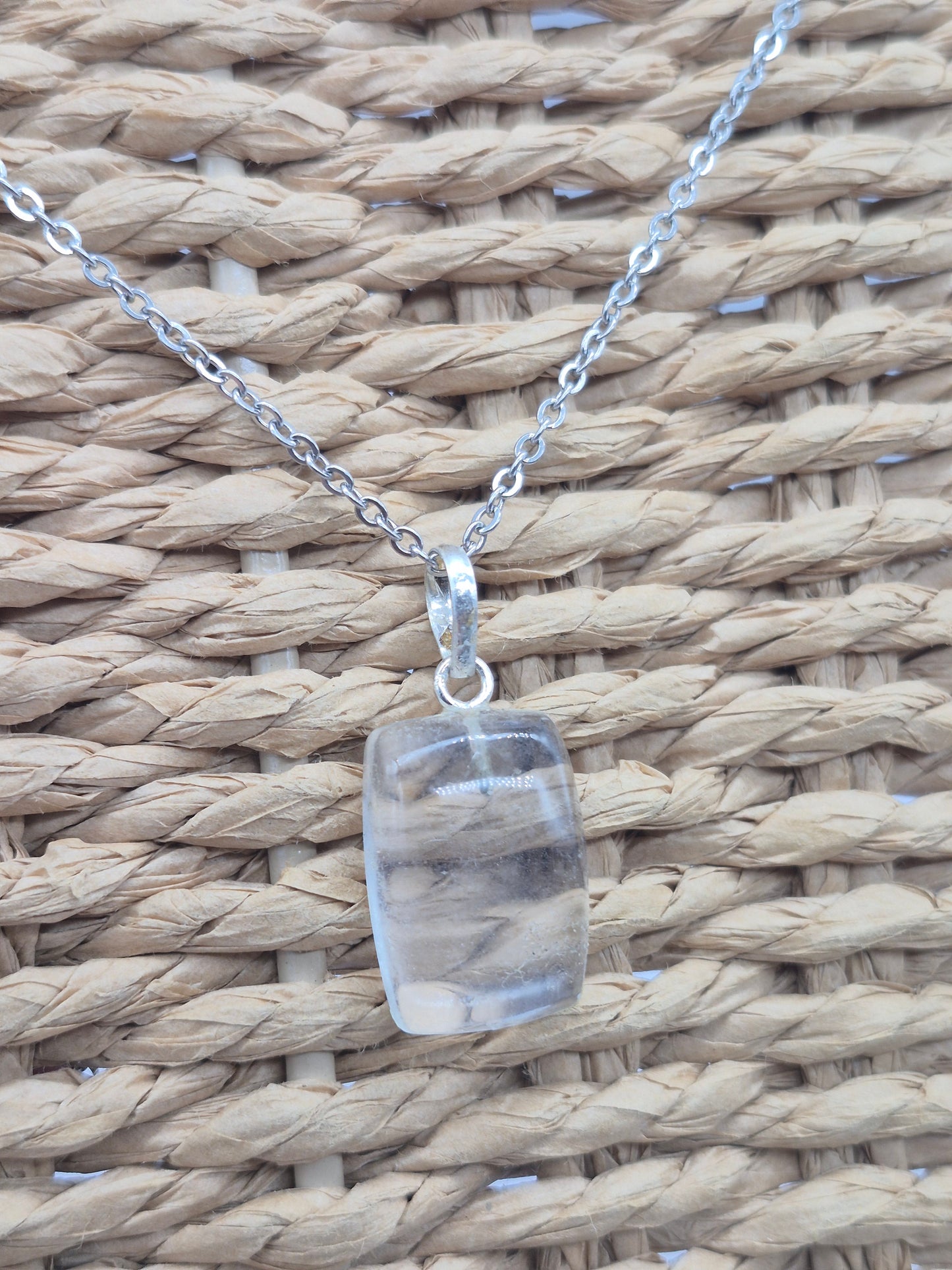 Clear Quartz Necklace Square Shaped Silver Hoop, Stailnless steel Chain, Healing Crystal