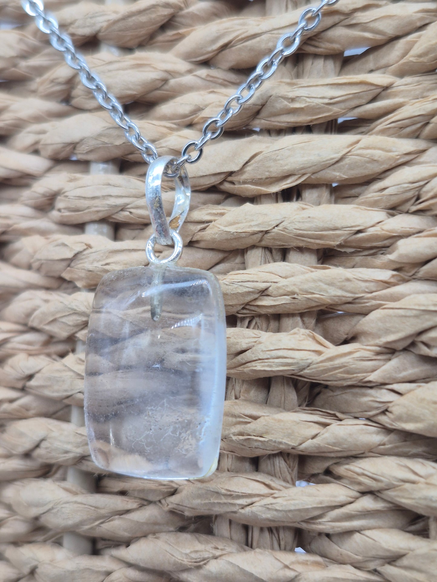 Clear Quartz Necklace Square Shaped Silver Hoop, Stailnless steel Chain, Healing Crystal