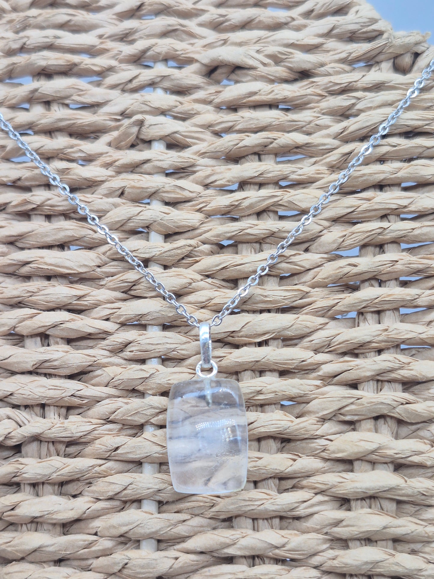 Clear Quartz Necklace Square Shaped Silver Hoop, Stailnless steel Chain, Healing Crystal