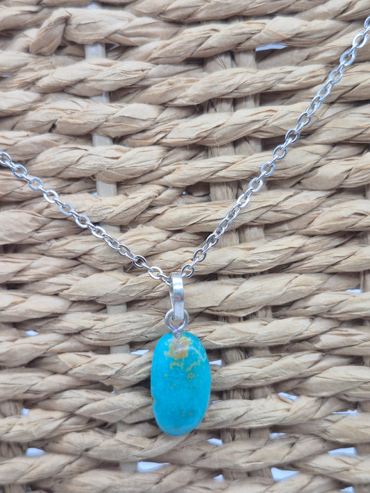 Authentic Natural Turquoise Oval Pendant: Stailnless steel Chain, Healing Crystal