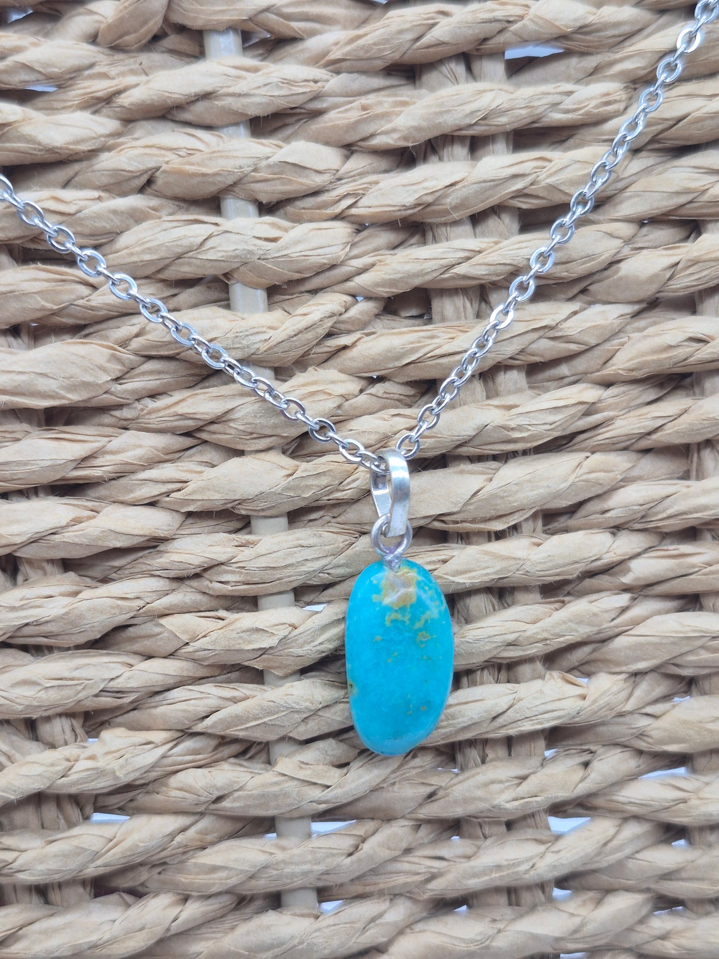Authentic Natural Turquoise Oval Pendant: Stailnless steel Chain, Healing Crystal