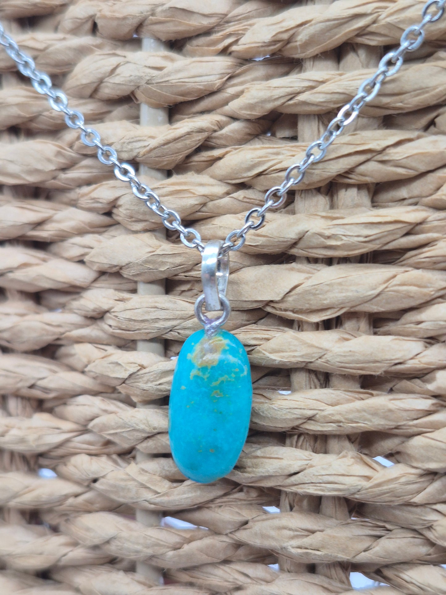 Authentic Natural Turquoise Oval Pendant: Stailnless steel Chain, Healing Crystal