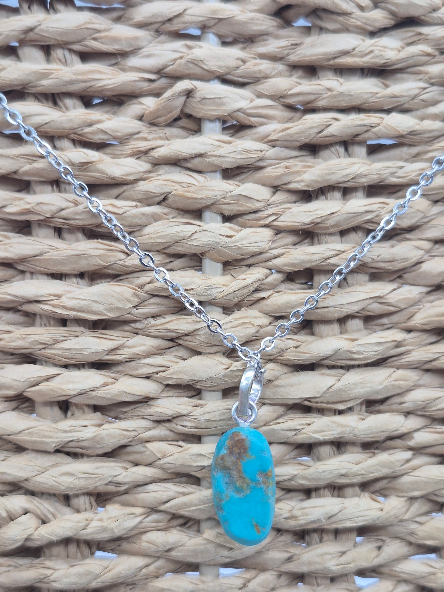 Authentic Natural Turquoise Oval Pendant: Stailnless steel Chain, Healing Crystal