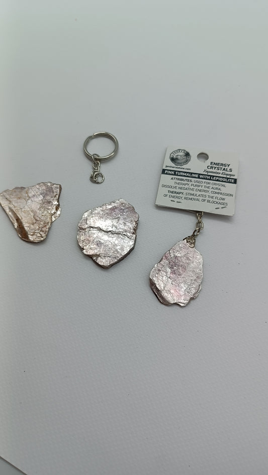 Natürlicher Lepidolith mit rosa Turmalin-Kristall-Schlüsselanhänger