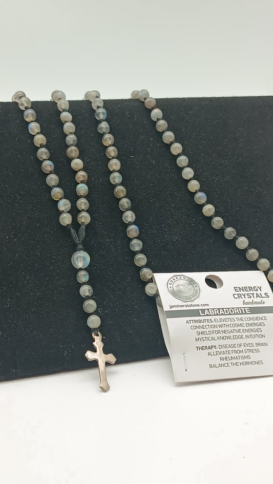 Labradorite Crystal Rosary Beads with 925 Sterling Silver  Cross