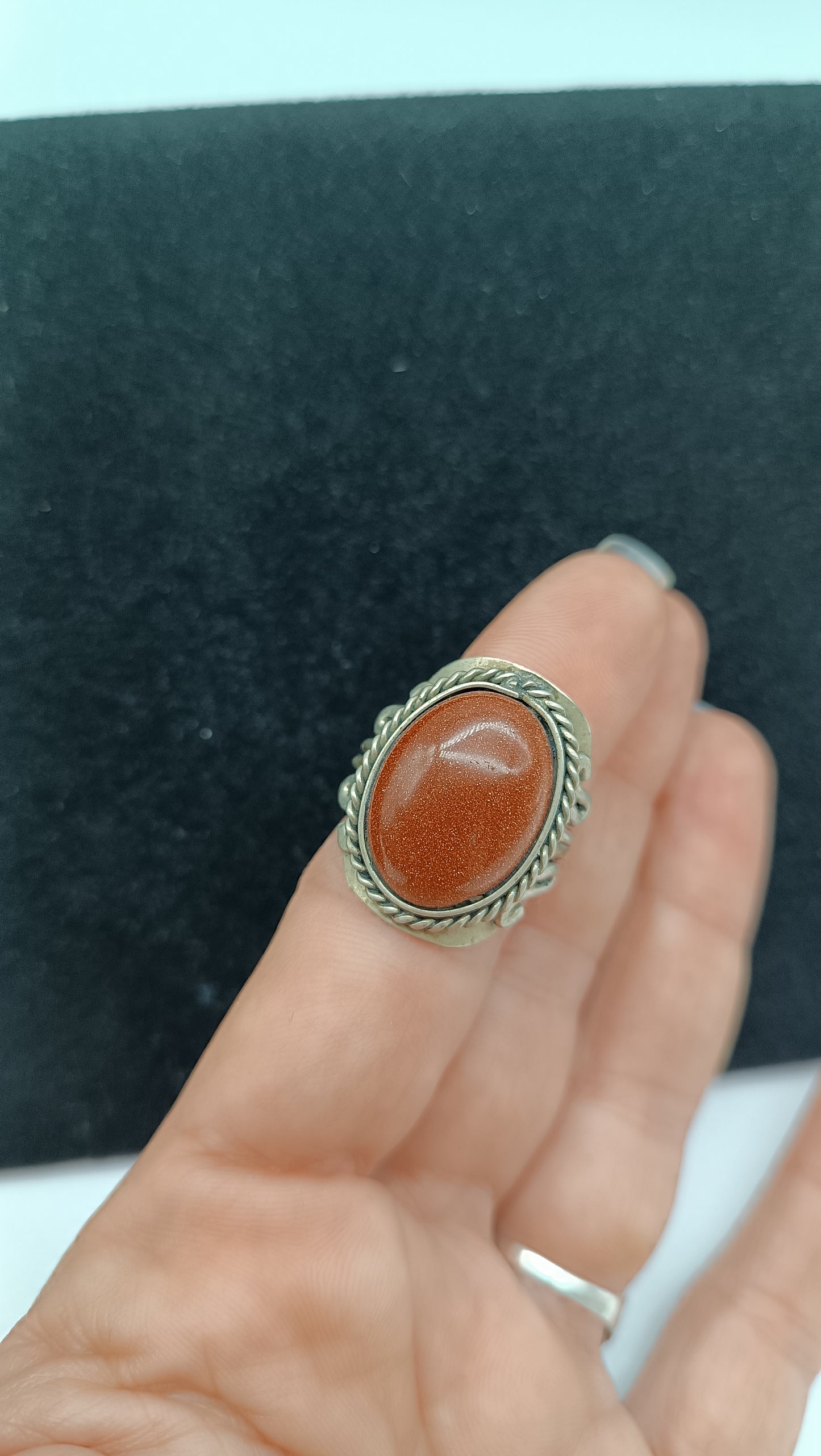 Sun stone alpaca metal cabochon cut Crystal Healing Ring - Master Healer, Chakra Alignment, Aura Protection, Amplifier