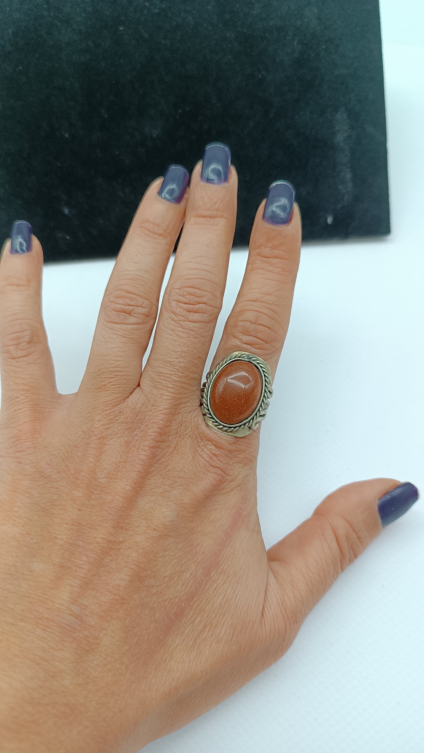 Sun stone alpaca metal cabochon cut Crystal Healing Ring - Master Healer, Chakra Alignment, Aura Protection, Amplifier