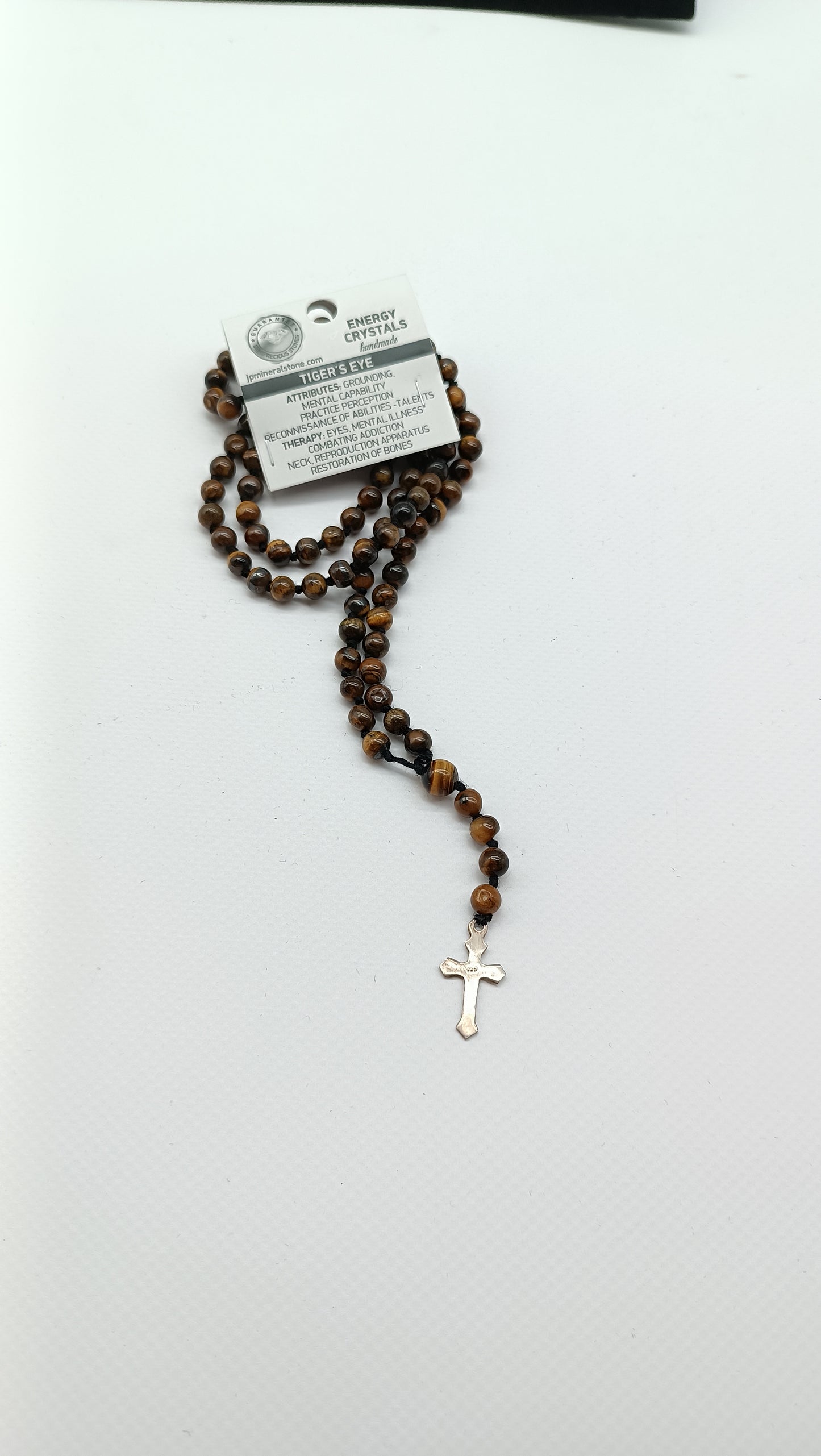 Rosenkranzperlen aus Tigerauge-Kristall mit Medaillen-Kreuzstück aus 925er Sterlingsilber