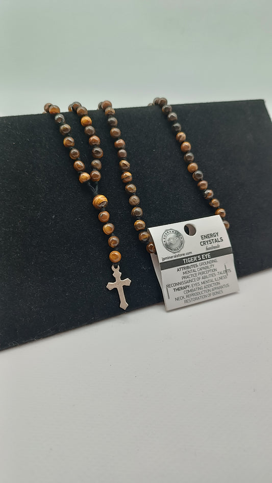 Tiger's Eye Crystal Rosary Beads with 925 Sterling Silver Cross