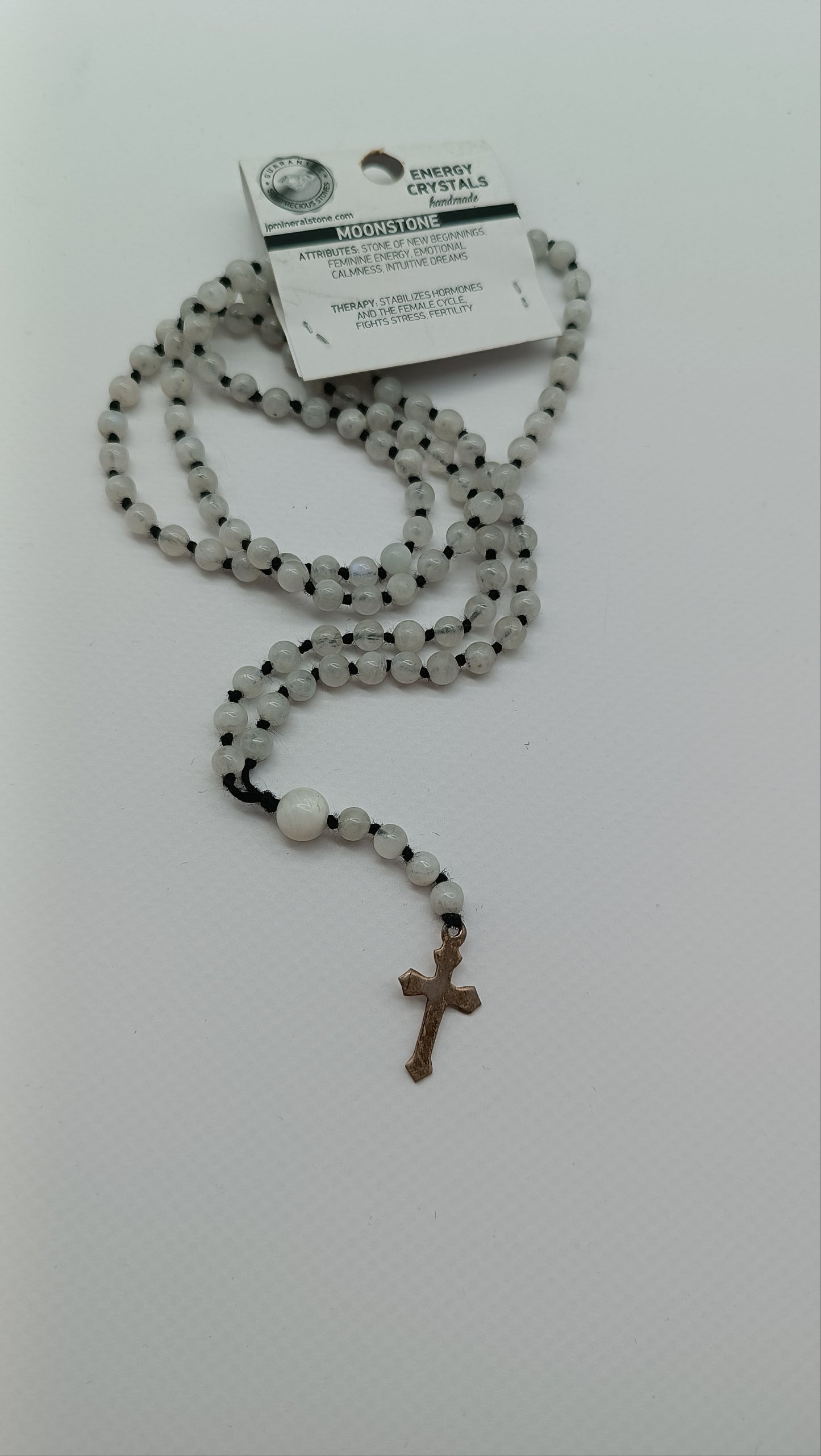 Rosenkranzperlen aus Mondsteinkristall mit Medaillen-Kreuzstück aus 925er Sterlingsilber
