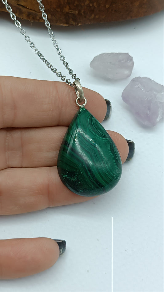 Malachite Cabochon Cut, Necklace, Silver 925
