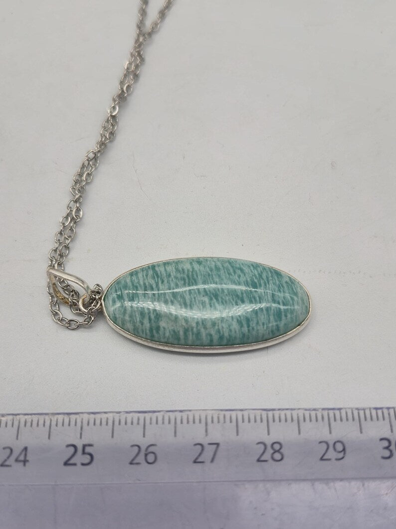 Amazonite Pendant Necklace: Silver Bezel, Steel Chain