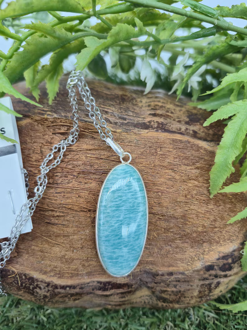 Amazonite Pendant Necklace: Silver Bezel, Steel Chain