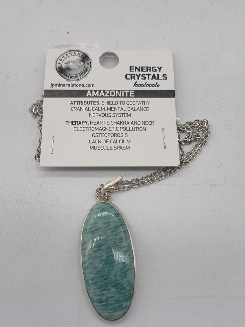Amazonite Pendant Necklace: Silver Bezel, Steel Chain