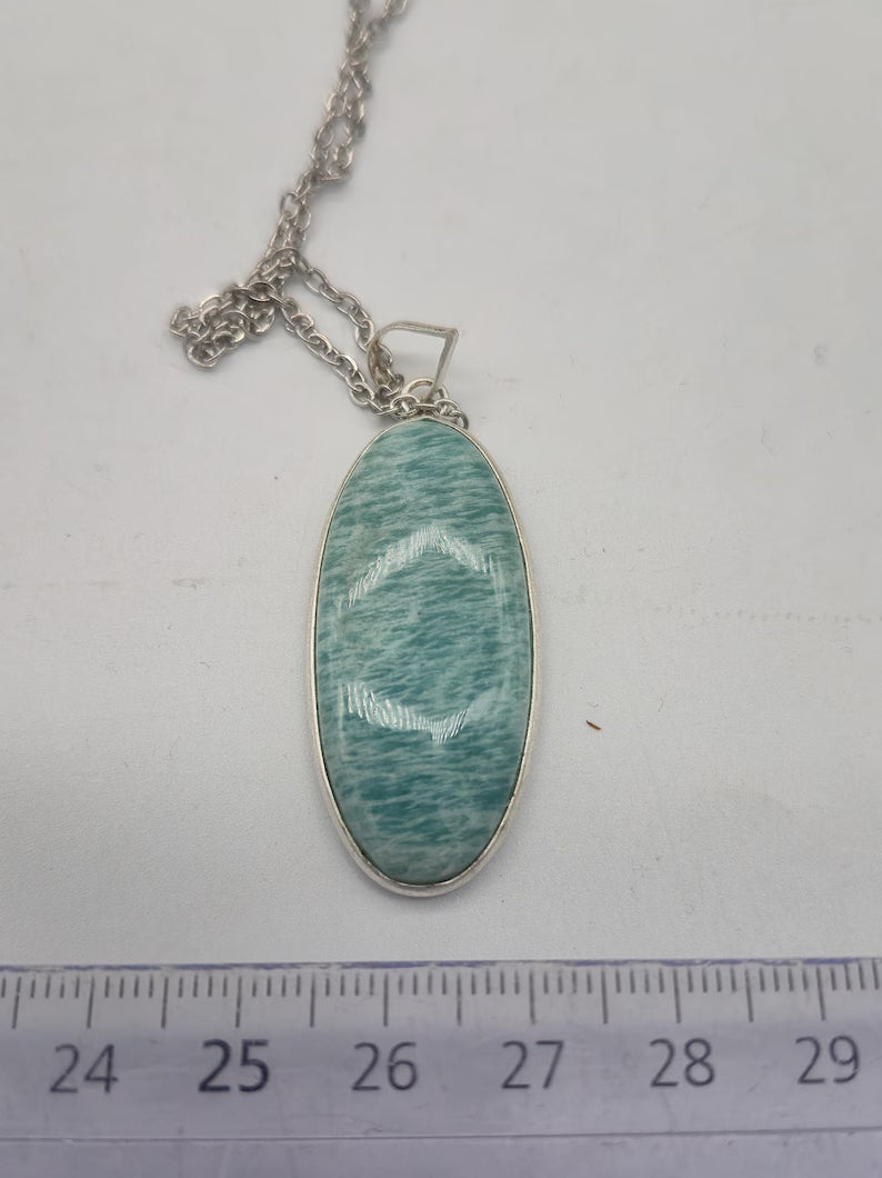 Amazonite Pendant Necklace: Silver Bezel, Steel Chain