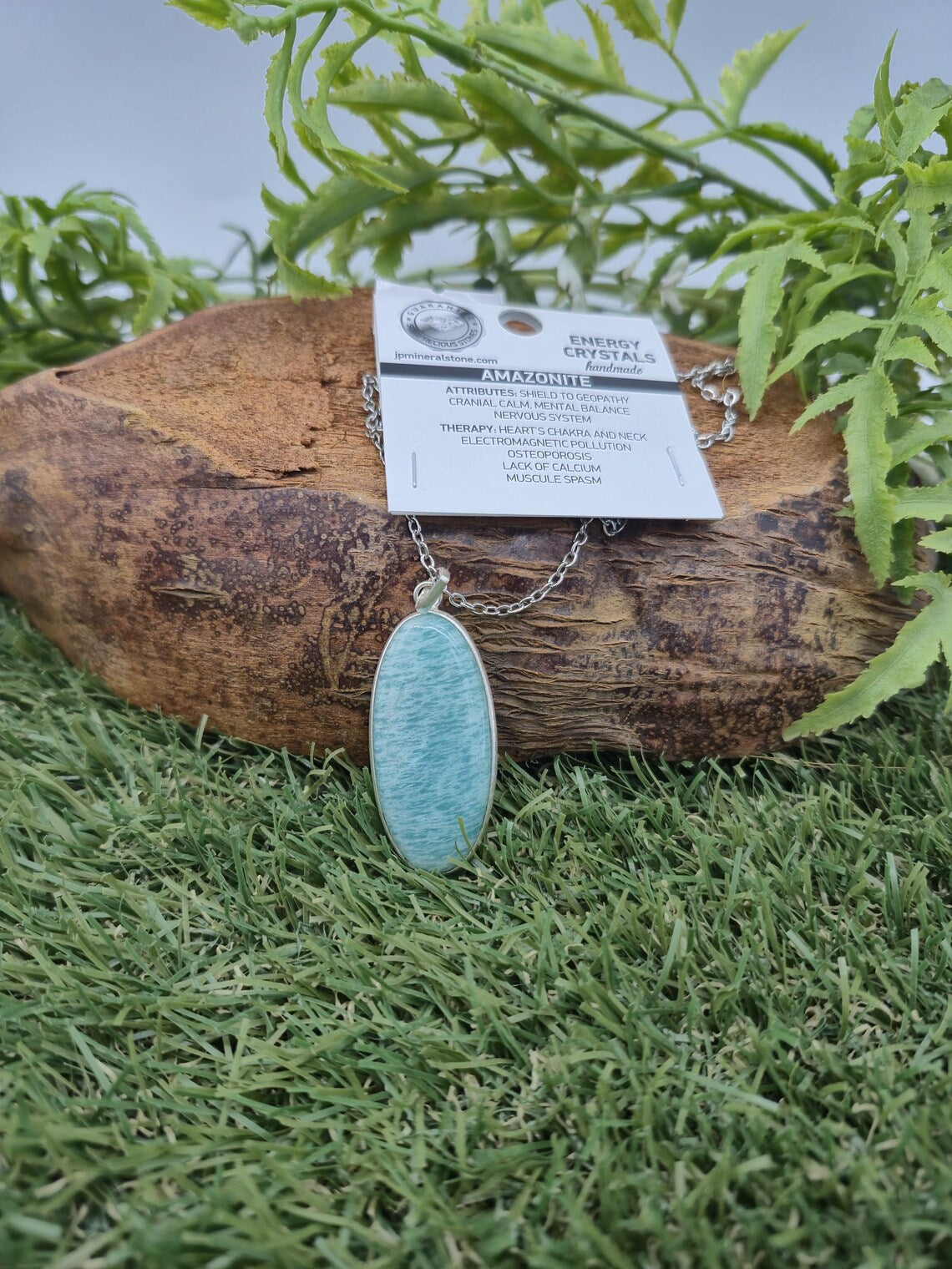 Amazonite Pendant Necklace: Silver Bezel, Steel Chain