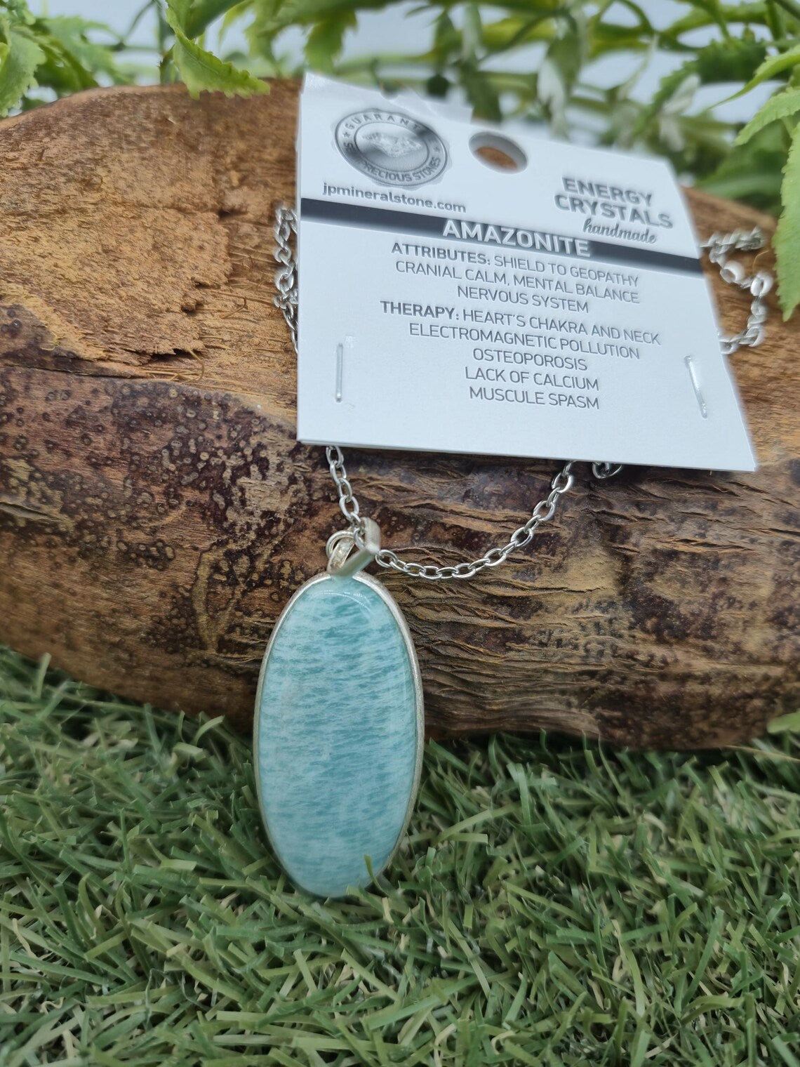 Amazonite Pendant Necklace: Silver Bezel, Steel Chain