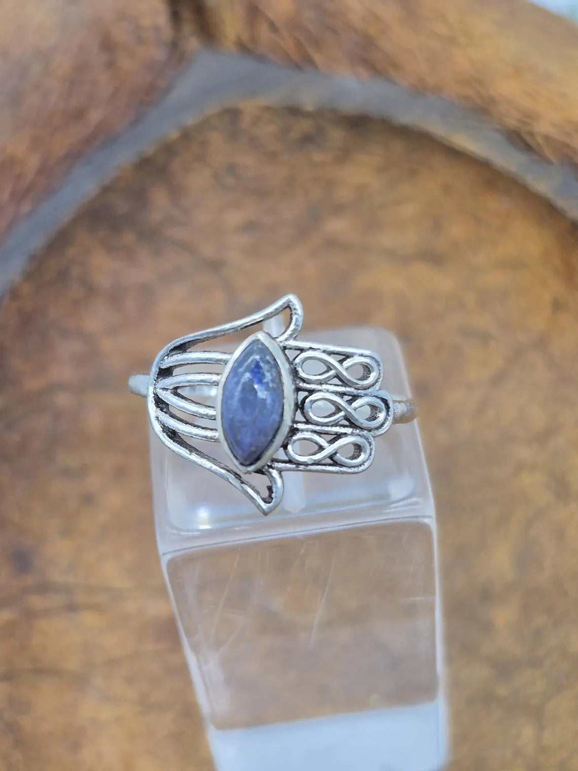 Hamsa Silver Plated Ring with Lapis Lazuli, Adjustable Ring Hand of Fatima, Evil Eye Protection Ring