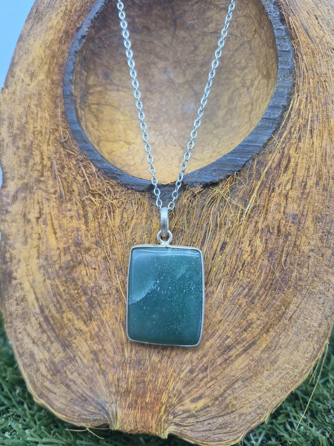 Green Aventurine Necklace – Crystal Pendant in Silver Bezel with Stainless Steel Chain