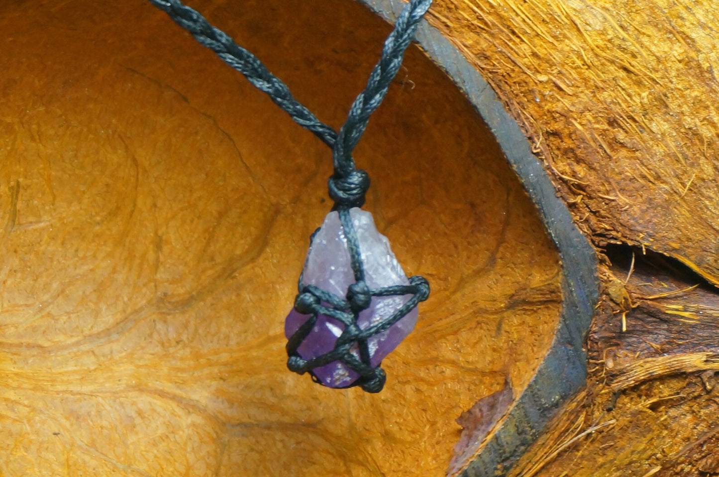 Amethyst Crystal Macrame Necklace: Rough Gem Birthstone