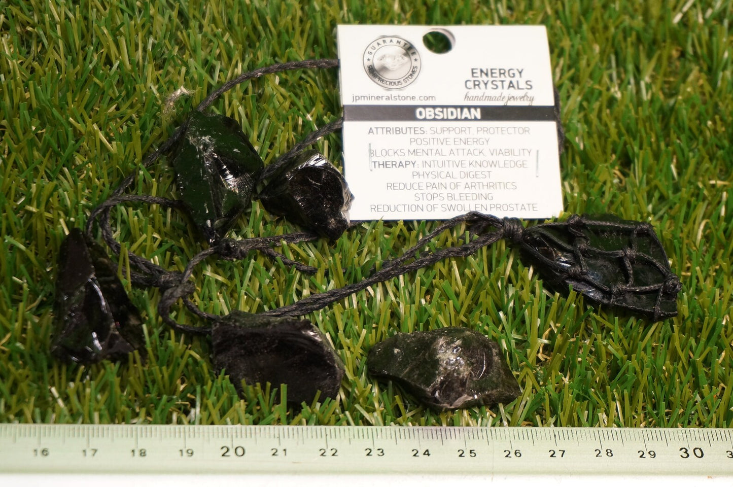 Black Obsidian Macrame Necklace: Natural Crystal Wrapped Stone