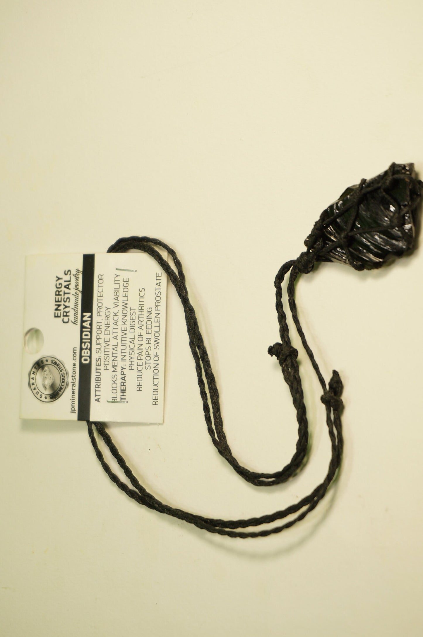 Black Obsidian Macrame Necklace: Natural Crystal Wrapped Stone