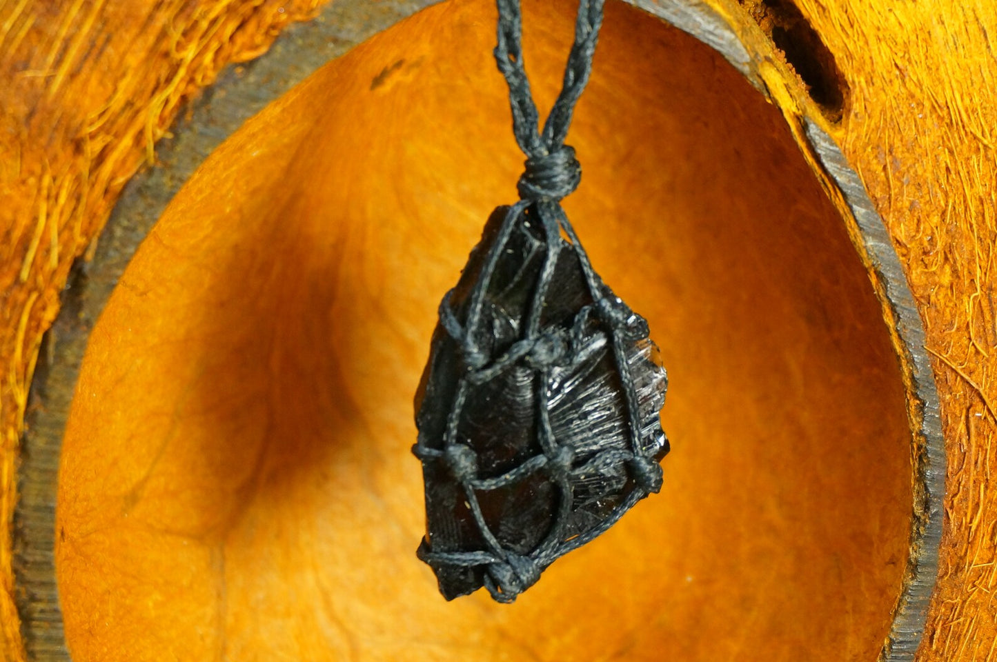Black Obsidian Macrame Necklace: Natural Crystal Wrapped Stone