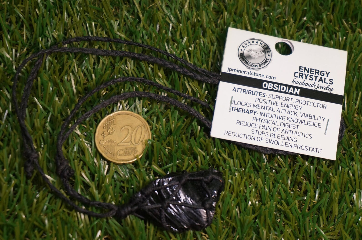 Black Obsidian Macrame Necklace: Natural Crystal Wrapped Stone