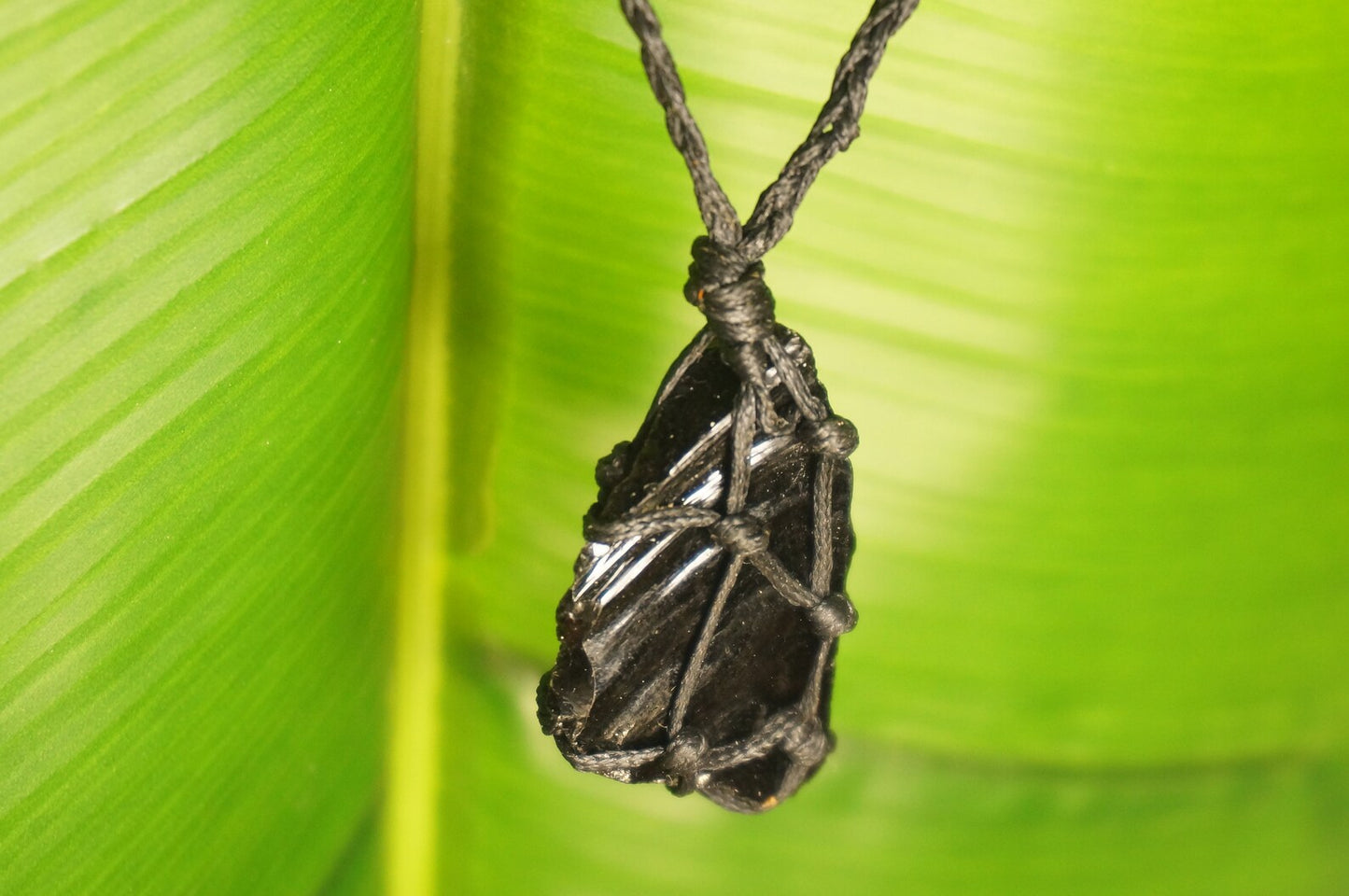 Black Obsidian Macrame Necklace: Natural Crystal Wrapped Stone