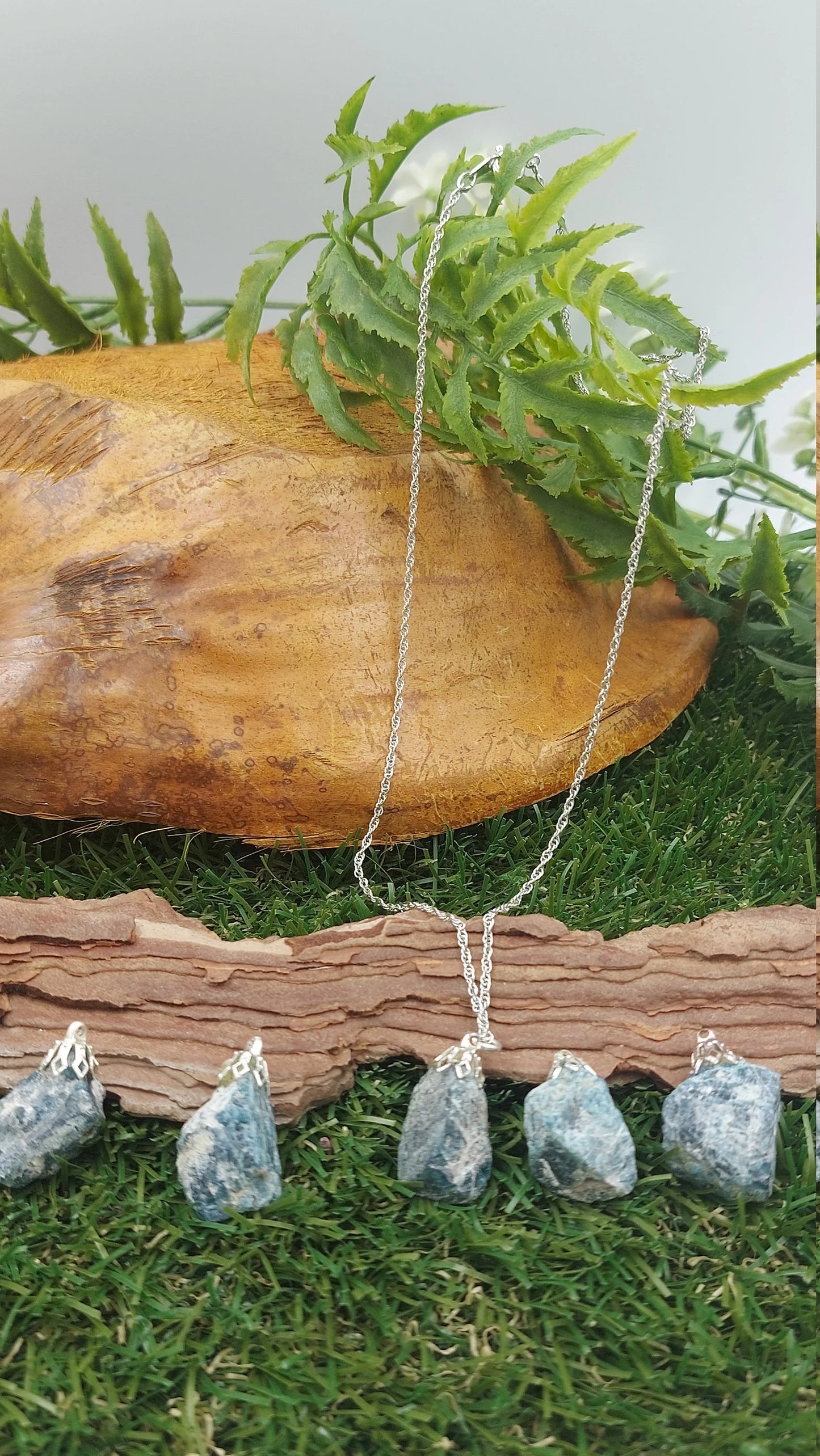 Raw Apatite Necklace - Steel Chain Crystal Pendant