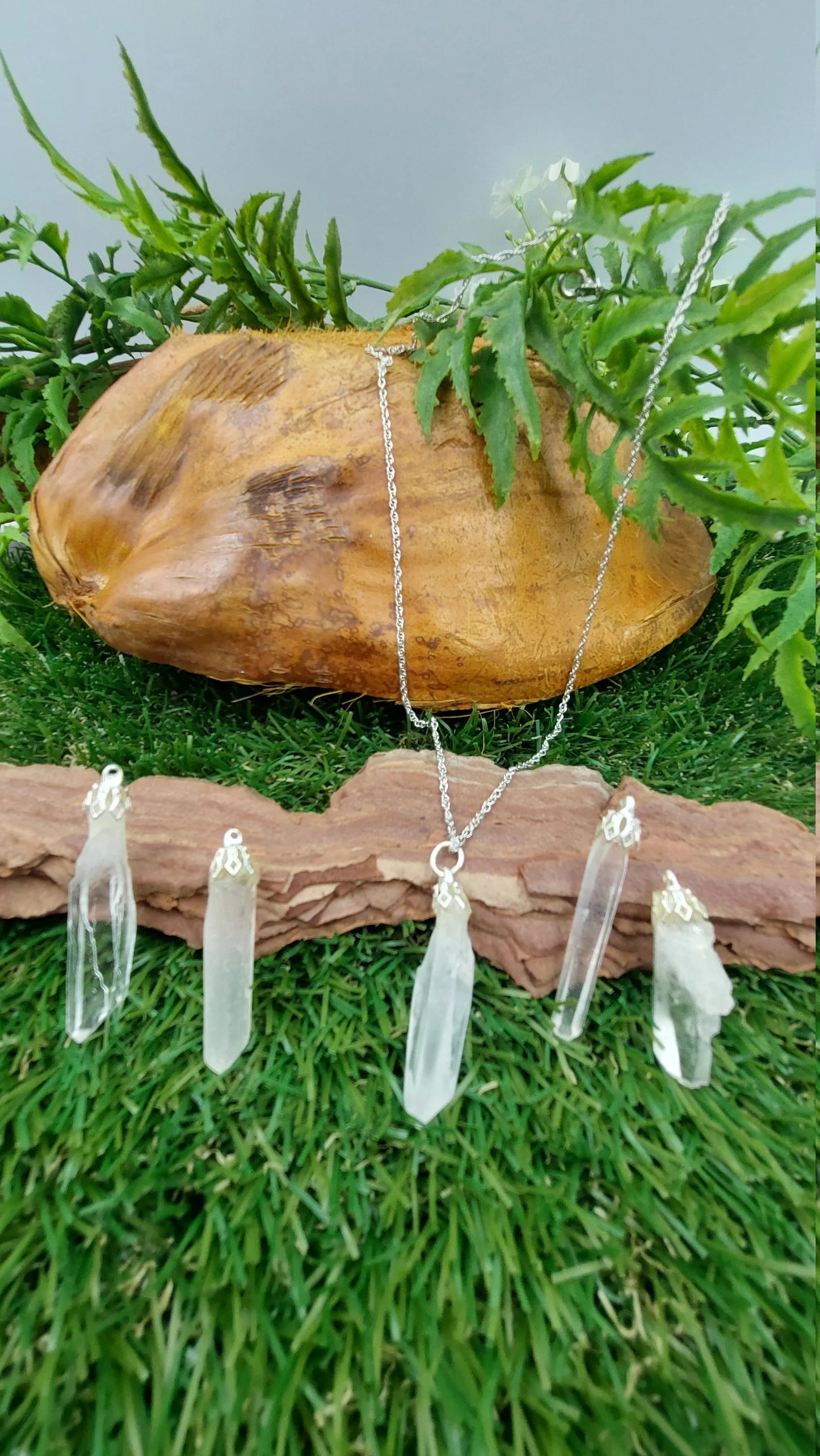 Raw Quartz Point Necklace - Steel Chain Crystal Pendant