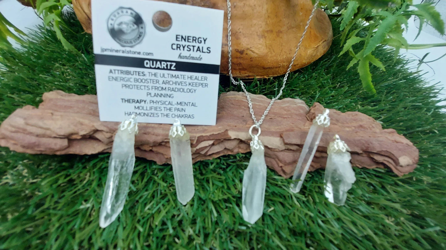 Raw Quartz Point Necklace - Steel Chain Crystal Pendant